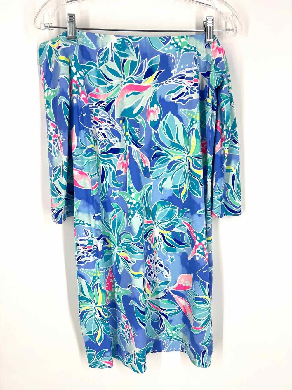 Lilly Pulitzer Size S Lt Blue/White Print Off the Shoulder Designer Dress